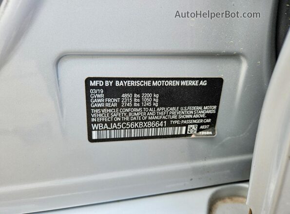 WBAJA5C56KBX86641 2019 BMW 5 SERIES Silver 