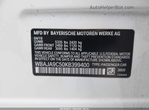WBAJA9C50KB399400 2019 BMW 5 SERIES White 