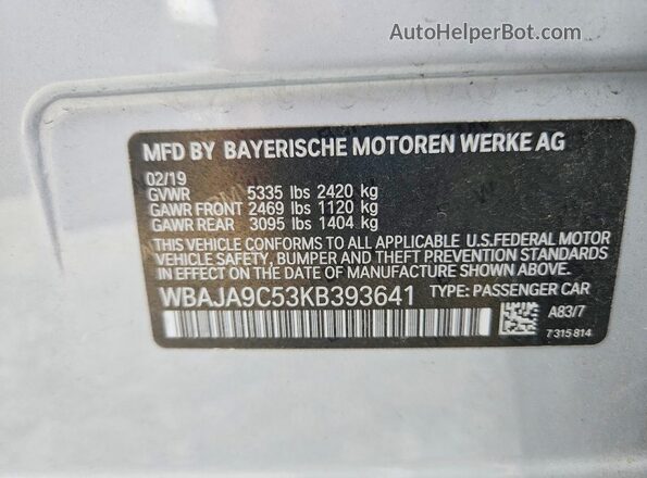 WBAJA9C53KB393641 2019 BMW 5 SERIES Silver Շարժիչի բաժամունքի տեսք