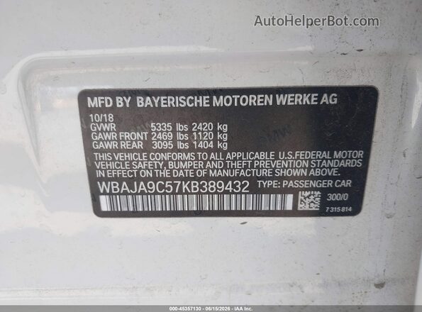WBAJA9C57KB389432 2019 BMW 5 SERIES White 