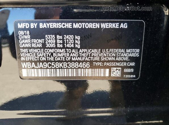 WBAJA9C58KB388466 2019 BMW 5 SERIES Black VIN კოდის სტიკერის ხედი