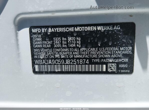 WBAJA9C59JB251874 2018 BMW 5 SERIES White Widok komory silnika