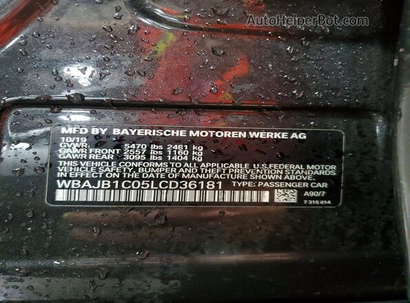 WBAJB1C05LCD36181 2020 BMW 5 SERIES Charcoal VIN კოდის სტიკერის ხედი