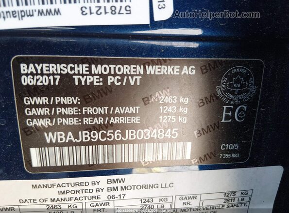 WBAJB9C56JB034845 2018 BMW 5 SERIES Blue ძრავის განყოფილების ხედი