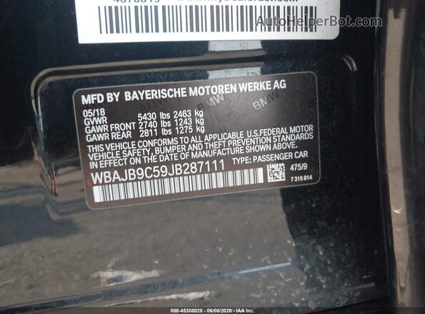 WBAJB9C59JB287111 2018 BMW 5 SERIES Black 
