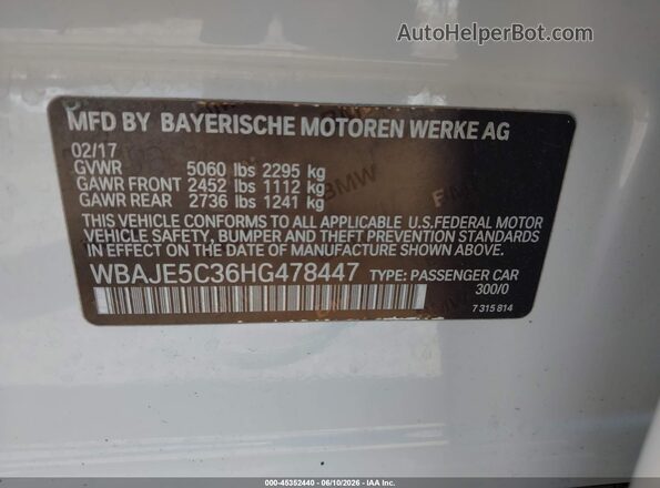 WBAJE5C36HG478447 2017 BMW 5 SERIES White Engine compartment view