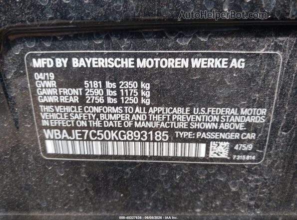 WBAJE7C50KG893185 2019 BMW 5 SERIES Black 