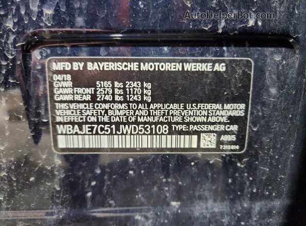 WBAJE7C51JWD53108 2018 BMW 5 SERIES Blue Вид наклейки з VIN-кодом