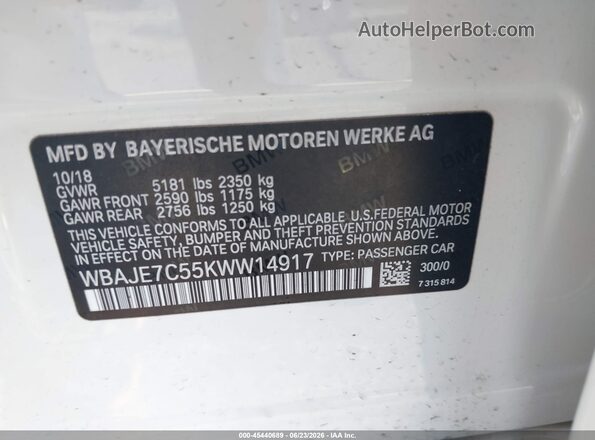 WBAJE7C55KWW14917 2019 BMW 5 SERIES White Engine compartment view