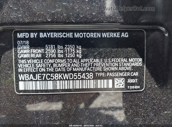 WBAJE7C58KWD55438 2019 BMW 7 SERIES Black Вид підкапотного простору