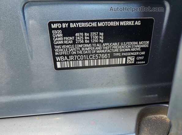 WBAJR7C01LCE57661 2020 BMW 5 SERIES Blue Vista de la etiqueta del VIN