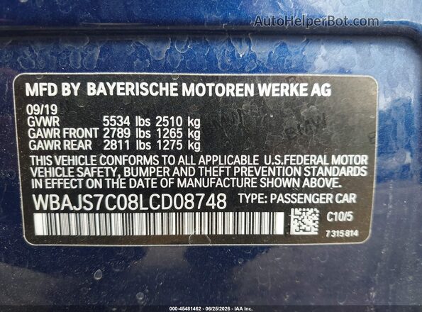 WBAJS7C08LCD08748 2020 BMW 5 SERIES Blue Շարժիչի բաժամունքի տեսք
