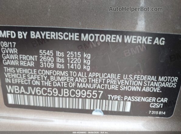 WBAJV6C59JBC99557 2018 BMW 6 SERIES Brown Widok komory silnika