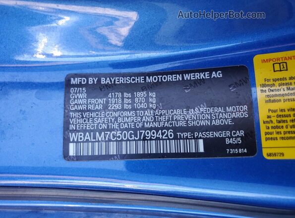 WBALM7C50GJ799426 2016 BMW Z4 Blue Вид наклейки з VIN-кодом