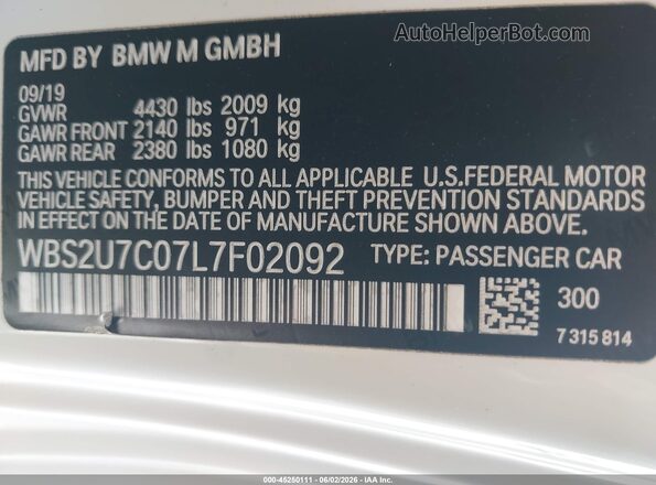 WBS2U7C07L7F02092 2020 BMW M2 White ძრავის განყოფილების ხედი
