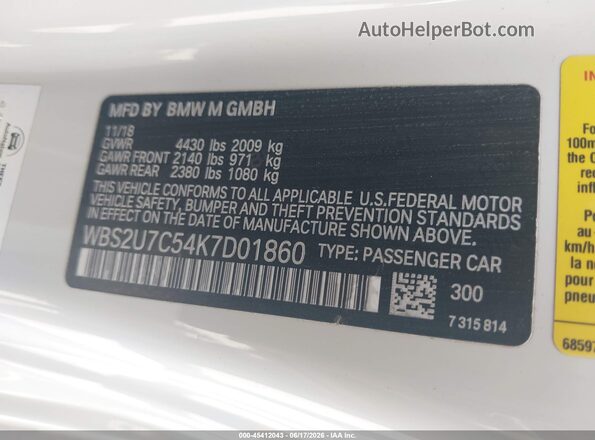 WBS2U7C54K7D01860 2019 BMW M2 White 