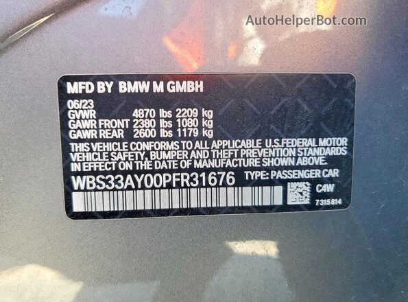 WBS33AY00PFR31676 2023 BMW M3 Gray Engine compartment view