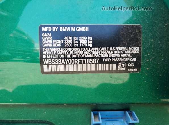 WBS33AY00RFT18587 2024 BMW M3 Green ძრავის განყოფილების ხედი