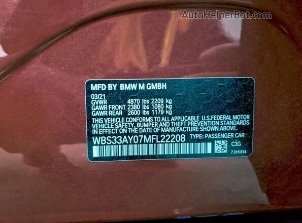 WBS33AY07MFL22208 2021 BMW M3 Red VIN კოდის სტიკერის ხედი