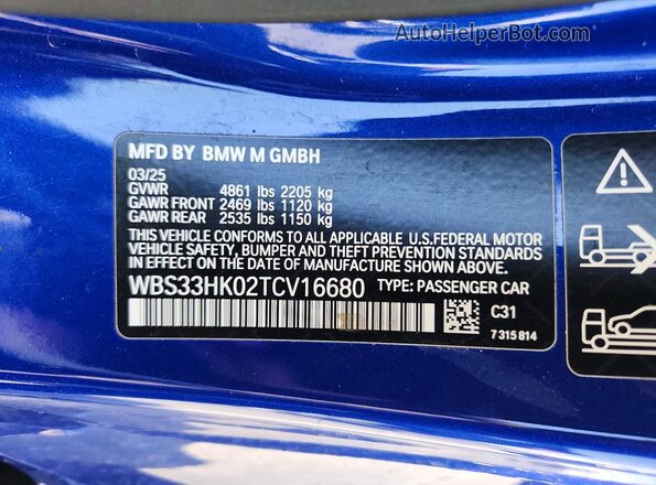 WBS33HK02TCV16680 2026 BMW M4 Blue VIN կոդի պիտակի տեսք