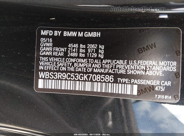 WBS3R9C53GK708586 2016 BMW M4 Black Engine compartment view