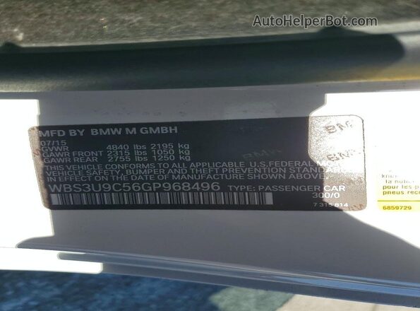 WBS3U9C56GP968496 2016 BMW M4 White VIN sticker view