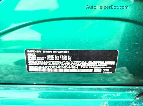 WBS43AY02NFN04484 2022 BMW M3 Green VIN կոդի պիտակի տեսք