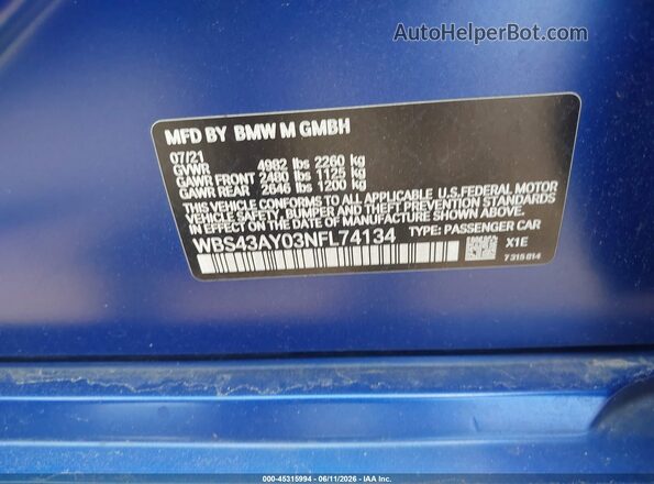 WBS43AY03NFL74134 2022 BMW M3 Blue Engine compartment view