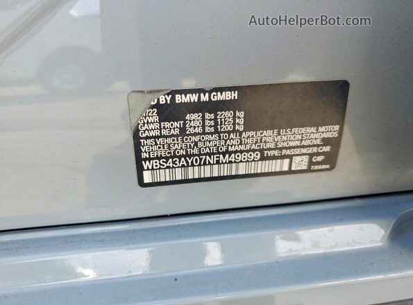 WBS43AY07NFM49899 2022 BMW M3 Gray VIN კოდის სტიკერის ხედი