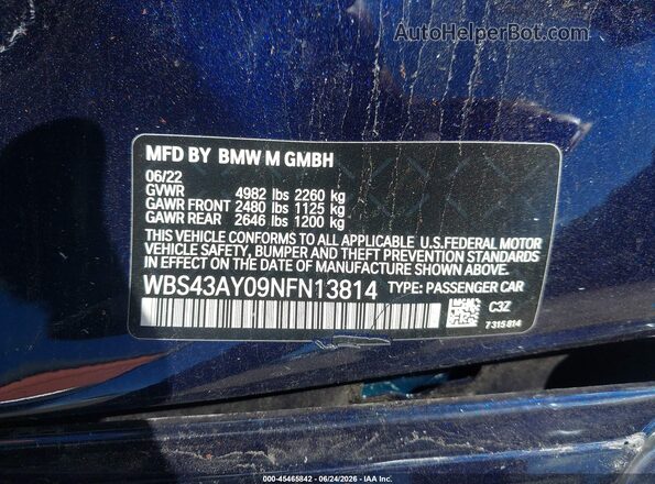 WBS43AY09NFN13814 2022 BMW M3 Синий Вид подкапотного пространства