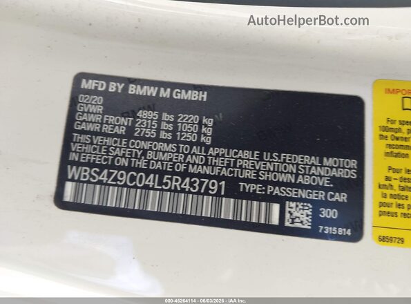 WBS4Z9C04L5R43791 2020 BMW M4 White ძრავის განყოფილების ხედი