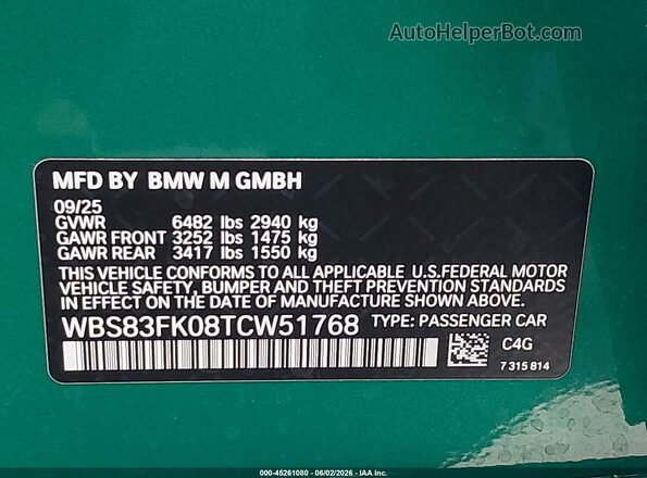 WBS83FK08TCW51768 2026 BMW M5 Green Вид підкапотного простору