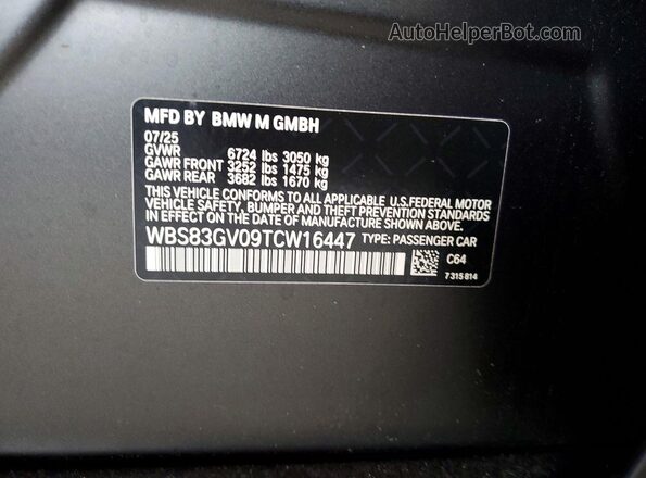 WBS83GV09TCW16447 2026 BMW M5 Gray VIN կոդի պիտակի տեսք
