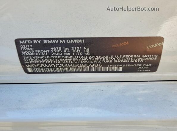 WBS8M9C34H5G85986 2017 BMW M3 White Widok komory silnika