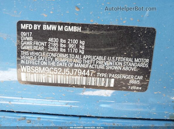WBS8M9C52J5J79447 2018 BMW M3 Blue Vista del compartimento del motor