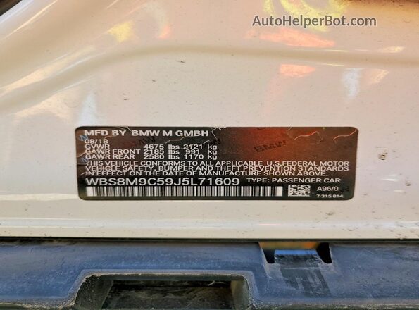 WBS8M9C59J5L71609 2018 BMW M3 White VIN კოდის სტიკერის ხედი