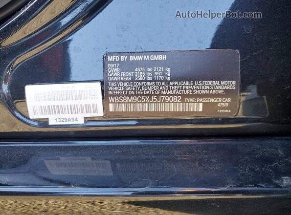 WBS8M9C5XJ5J79082 2018 BMW M3 Black Vista de la etiqueta del VIN
