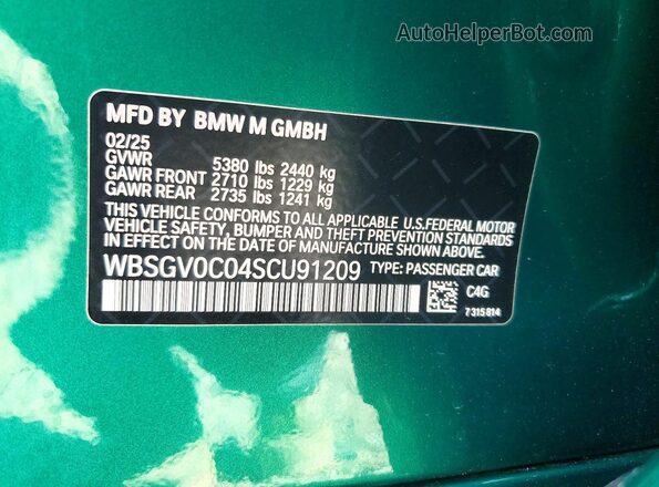 WBSGV0C04SCU91209 2025 BMW M8 Зеленый Вид наклейки с VIN-кодом