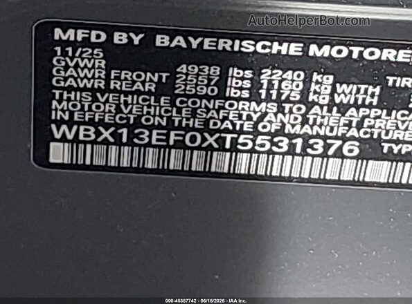 WBX13EF0XT5531376 2026 BMW X1 Gray Вид підкапотного простору