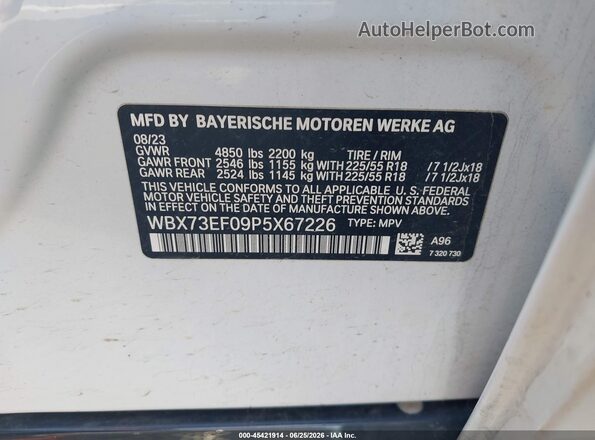WBX73EF09P5X67226 2023 BMW X1 White Engine compartment view