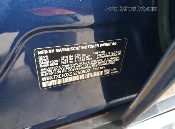 WBX73EF0XS5250882 2025 BMW X1 Blue VIN sticker view