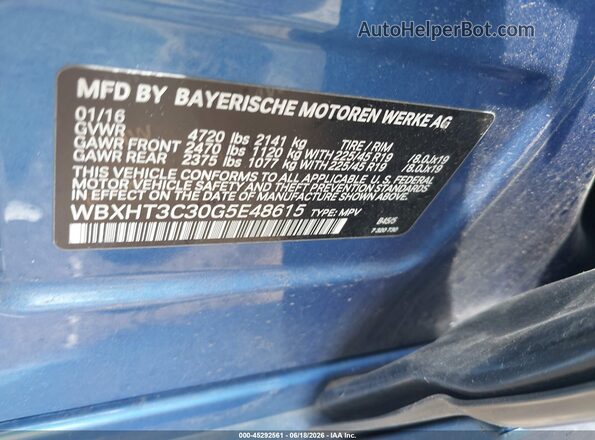 WBXHT3C30G5E48615 2016 BMW X1 Blue ძრავის განყოფილების ხედი
