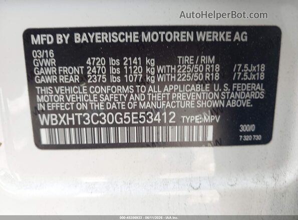 WBXHT3C30G5E53412 2016 BMW X1 White Вид підкапотного простору
