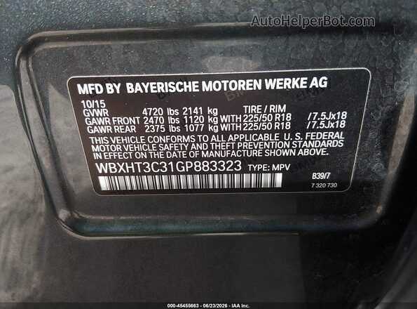 WBXHT3C31GP883323 2016 BMW X1 Gray Engine compartment view