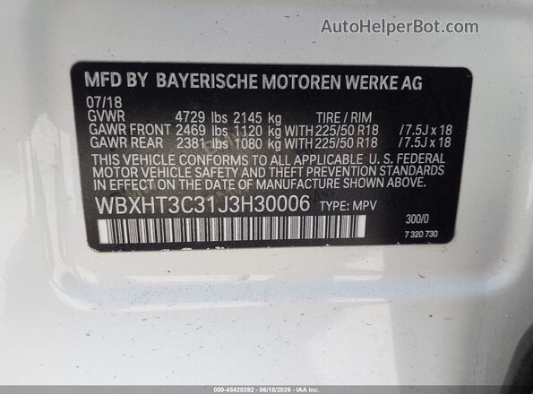WBXHT3C31J3H30006 2018 BMW X1 White Вид підкапотного простору