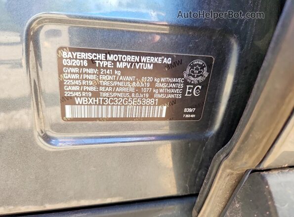 WBXHT3C32G5E53881 2016 BMW X1 Gray VIN կոդի պիտակի տեսք