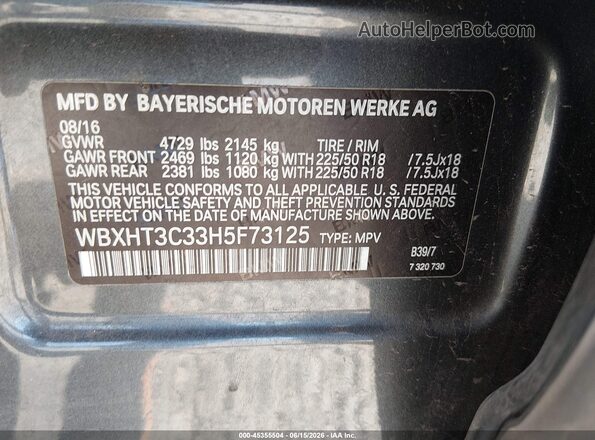 WBXHT3C33H5F73125 2017 BMW X1 Серый Вид подкапотного пространства