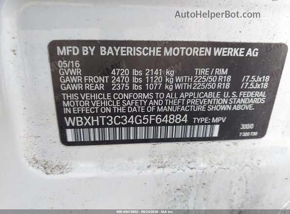 WBXHT3C34G5F64884 2016 BMW X1 White Vista del compartimento del motor