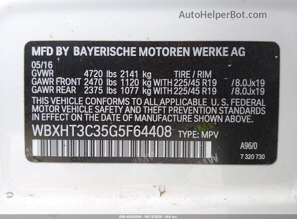WBXHT3C35G5F64408 2016 BMW X1 White Շարժիչի բաժամունքի տեսք