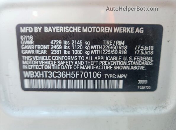 WBXHT3C36H5F70106 2017 BMW X1 White VIN կոդի պիտակի տեսք